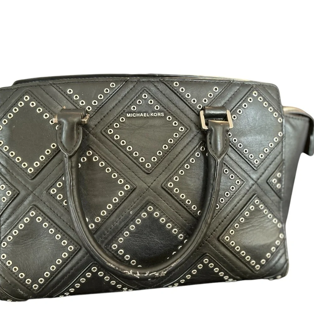 Michael Kors Selma Black‎ Leather Satchel Bag Diamond Grommet Accents